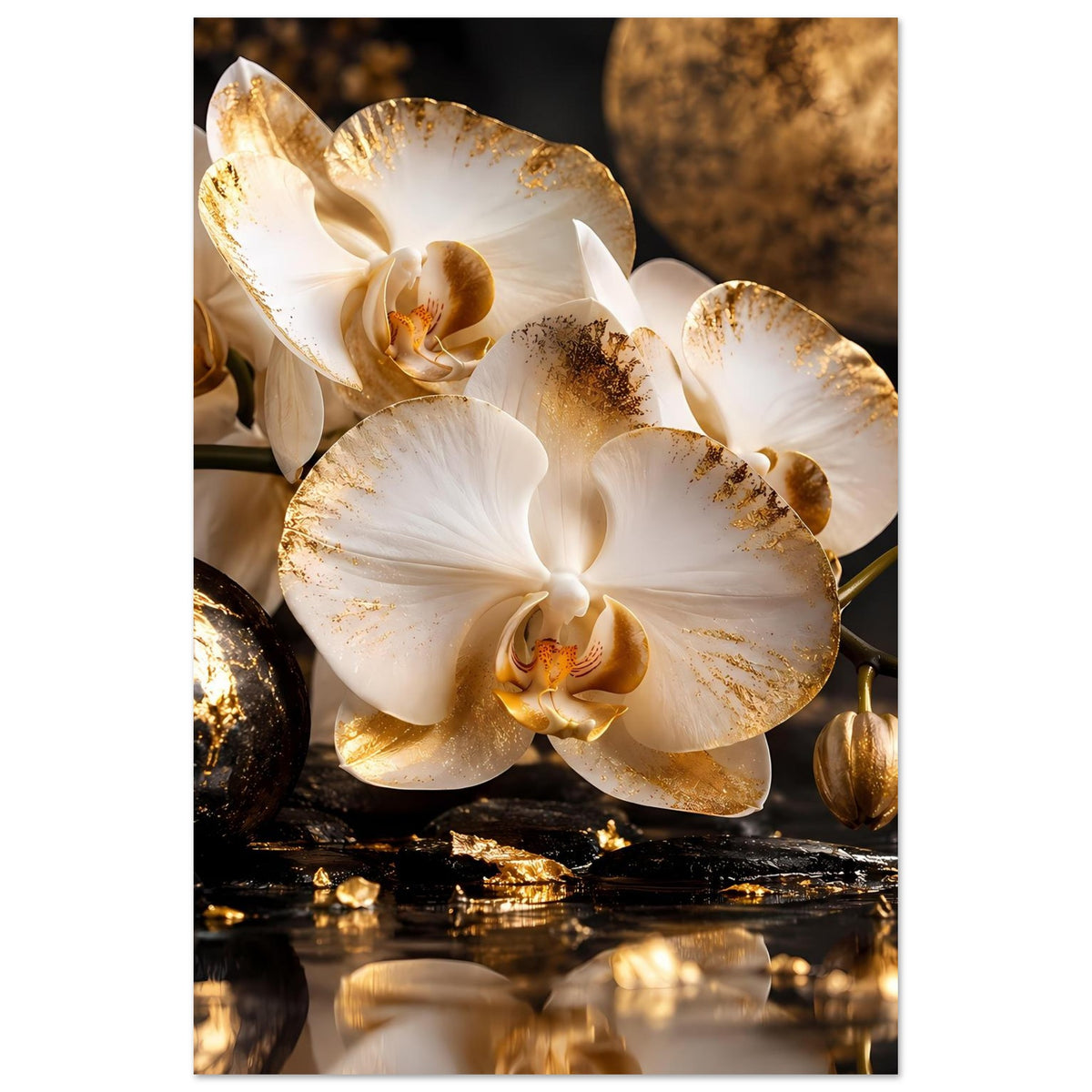 Poster mit weißen Orchideenblüten und goldenen Akzenten, dunkle Steine mit Lichteffekten