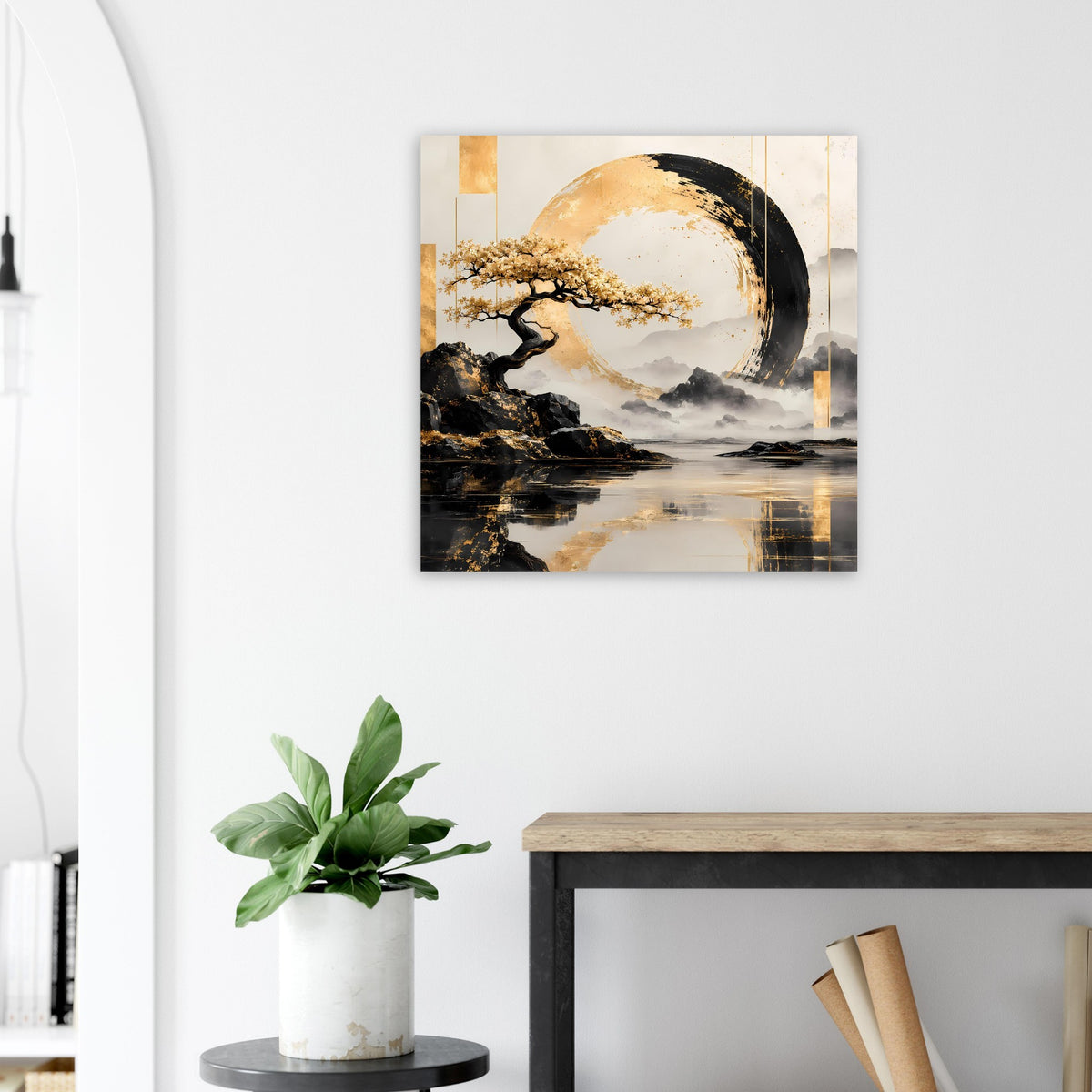Quadratisches Wandposter mit gold-schwarzem Mondkreis und Wellen-/Bergmotiv im Rahmen