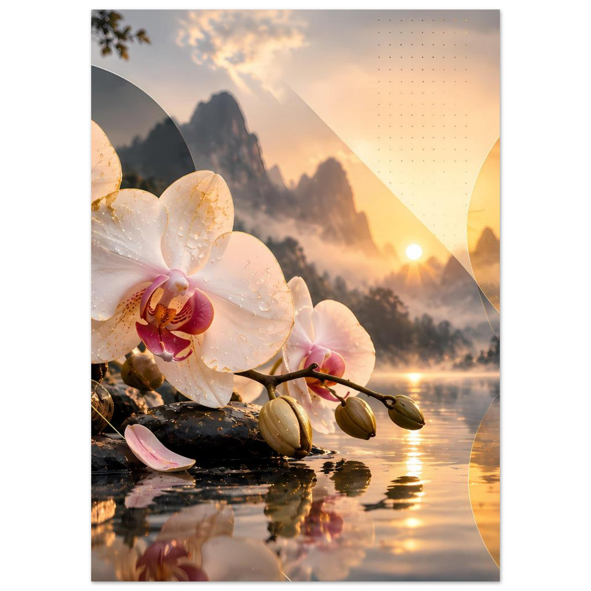 Orchideen-Wandposter (vertikal) mit weißen Blüten, Sonnenuntergang und ruhig reflektierendem Wasser