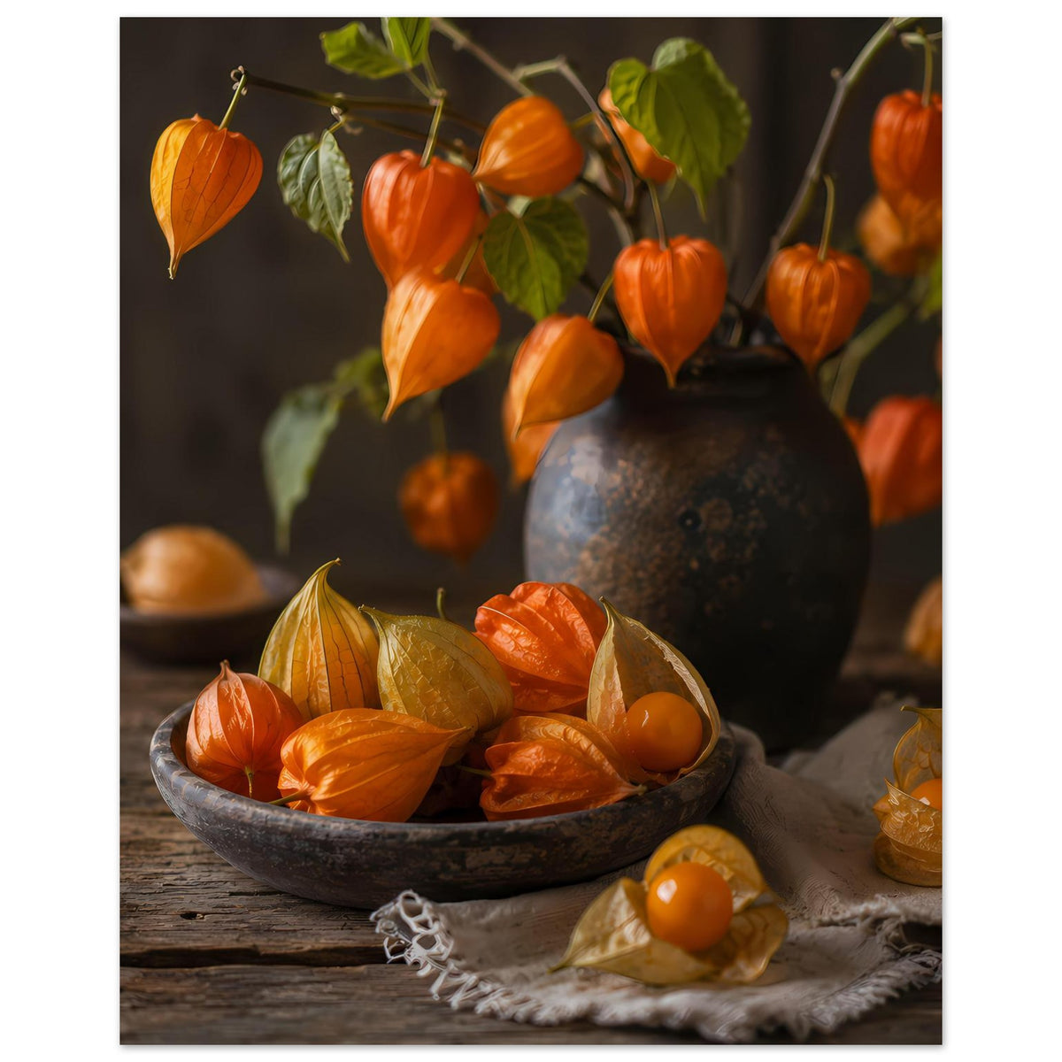 Herbstposter mit orange Kürbissen am Zweig, Vase und Schüssel auf Holztisch