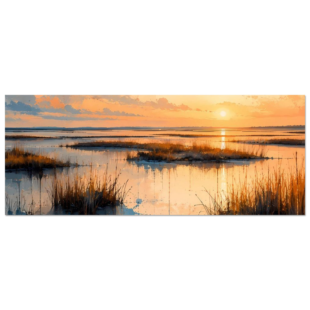Breites Poster mit Küsten-Sonnenuntergang, ruhiges Wasser, Schilfbüsche und warme Farbtöne