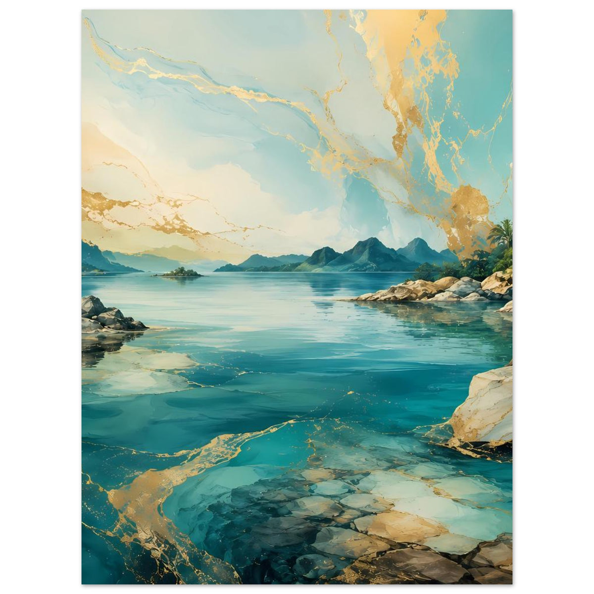 Küstenlandschafts-Poster mit türkisblauem Meer, Felsen und goldener Wolkenstimmung