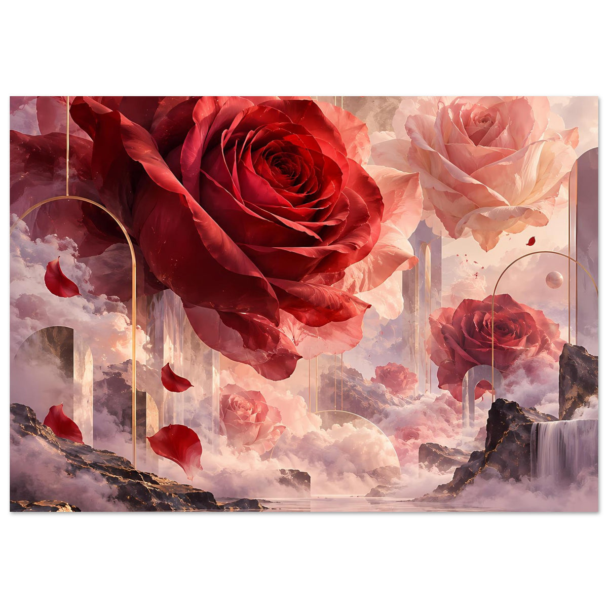 Poster mit roten Rosen und rosafarbenen Rosen, Wolkenmotiv mit ruhiger Spiegelung