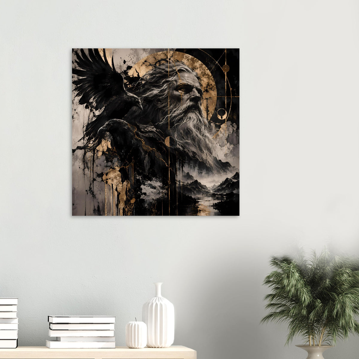 Kleines Poster mit bartigem Gott, Rabe und Goldlinien, Schwarz-Grau-Gold, matt