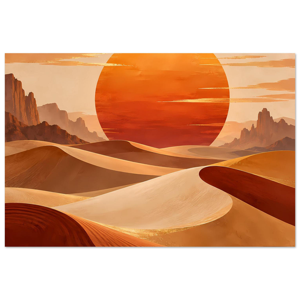 Horizontales Wüstenlandschafts-Poster mit großer orange Sonne, Dünen und Abendhimmel