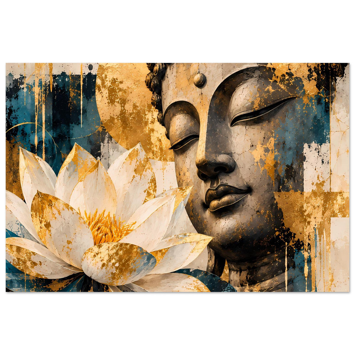 Querformat-Poster mit Buddha-Profil und weißer Lotusblüte, goldene Spritzoptik und Teal.