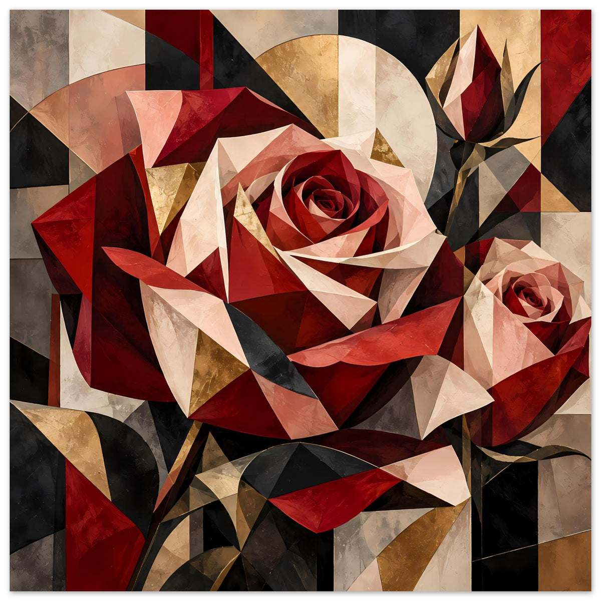 Wandposter im Querformat: geometrische Rose mit rotem Kranz und goldenen Akzenten