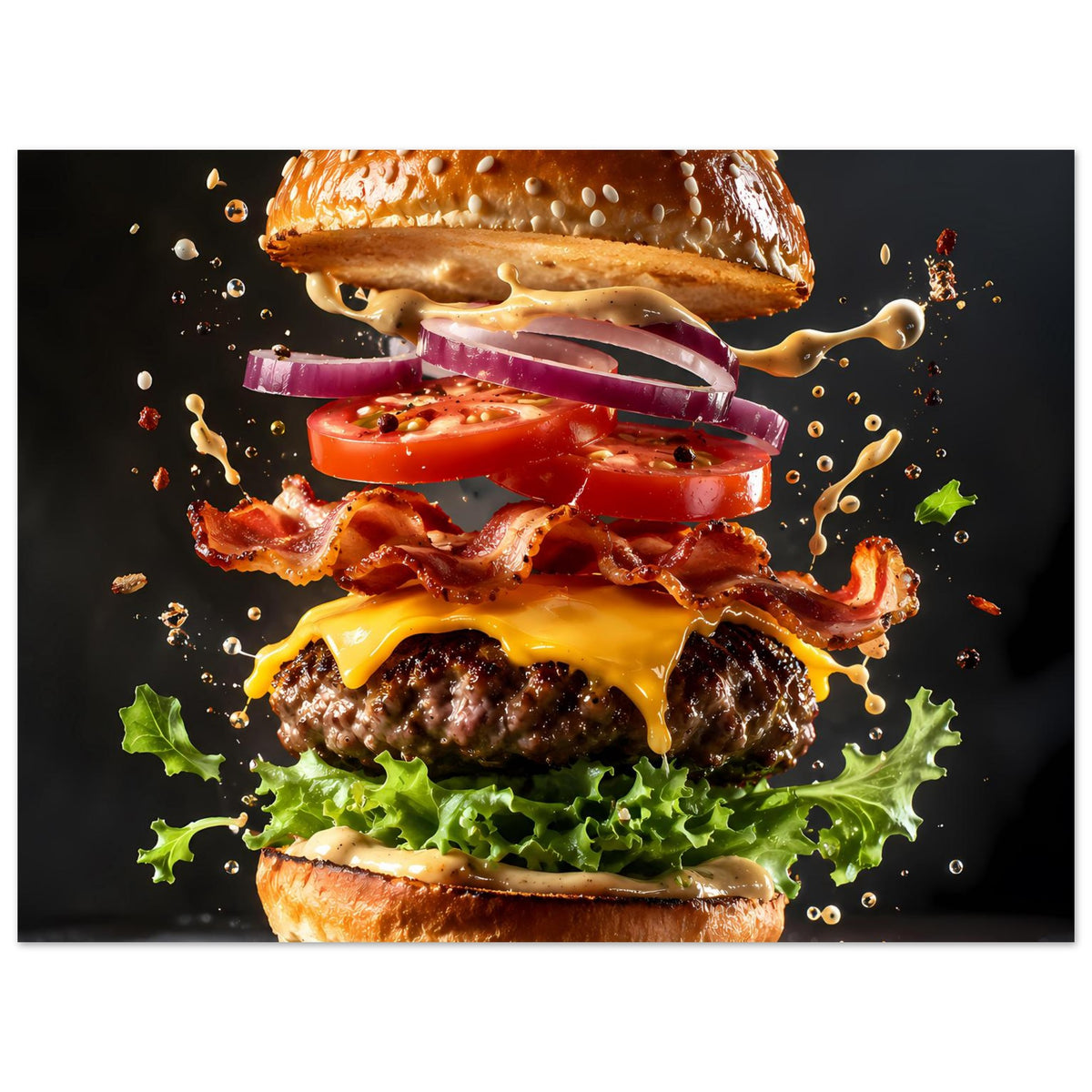 Burger-Poster im Hochformat: enges Motiv mit oberer Burgerhälfte, Käse und Salat