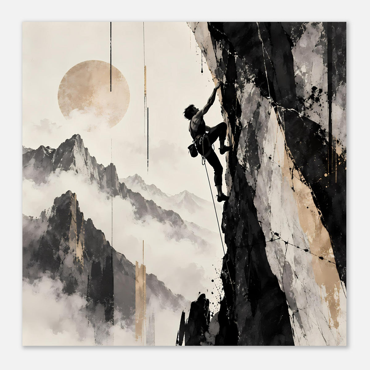 Poster im Hochformat mit Bergsteiger am Fels, Berge in Grau, schwarze und beige Akzente