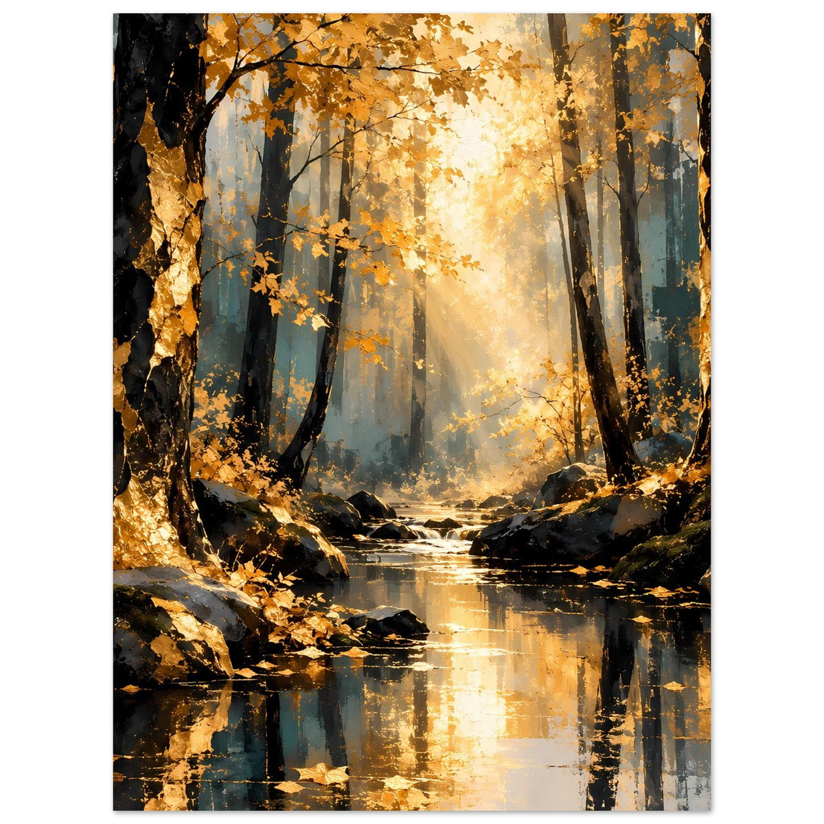 Herbstwald-Poster mit hohen Bäumen, goldenem Licht und Bach mit Spiegelung