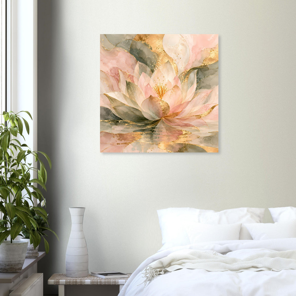 Quadratisches Lotusblüten-Poster mit rosafarbenen Blättern und goldenem Leuchten