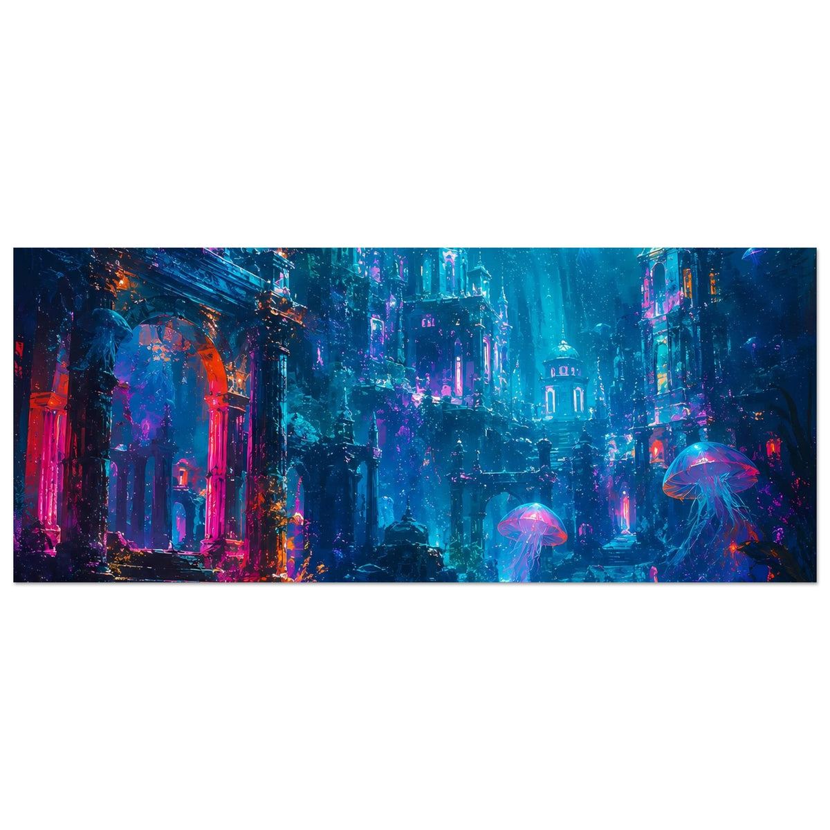 Fantasy-Unterwasserposter, querformat: versunkene Stadt mit leuchtenden Quallen