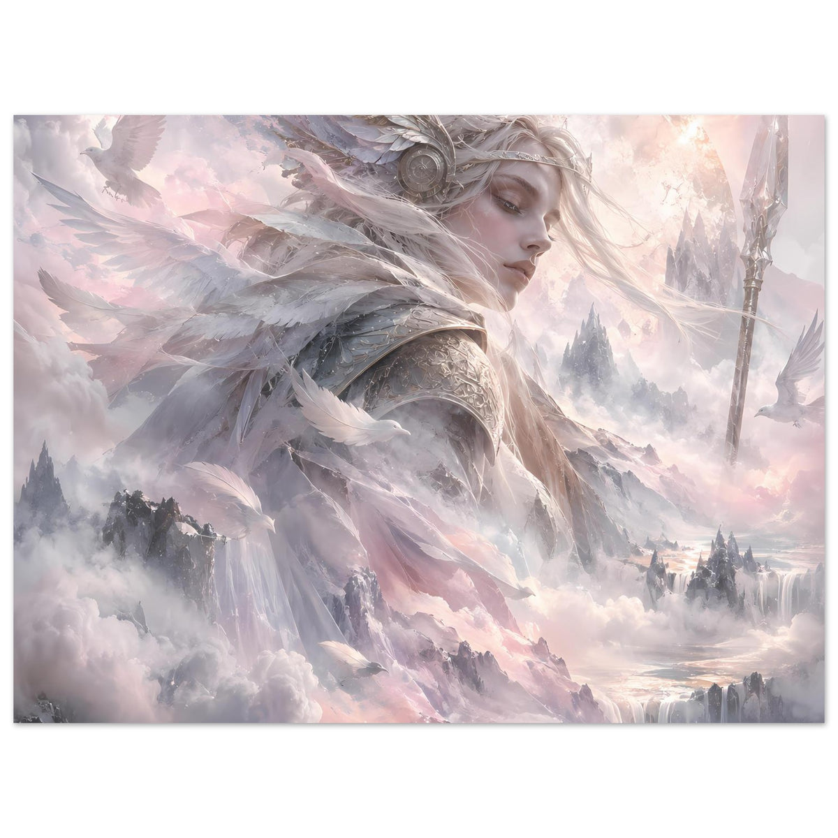 Nordisches Fantasy-Poster mit Walküre und Speer rechts, Federhelm über Nebel und Bergtannen