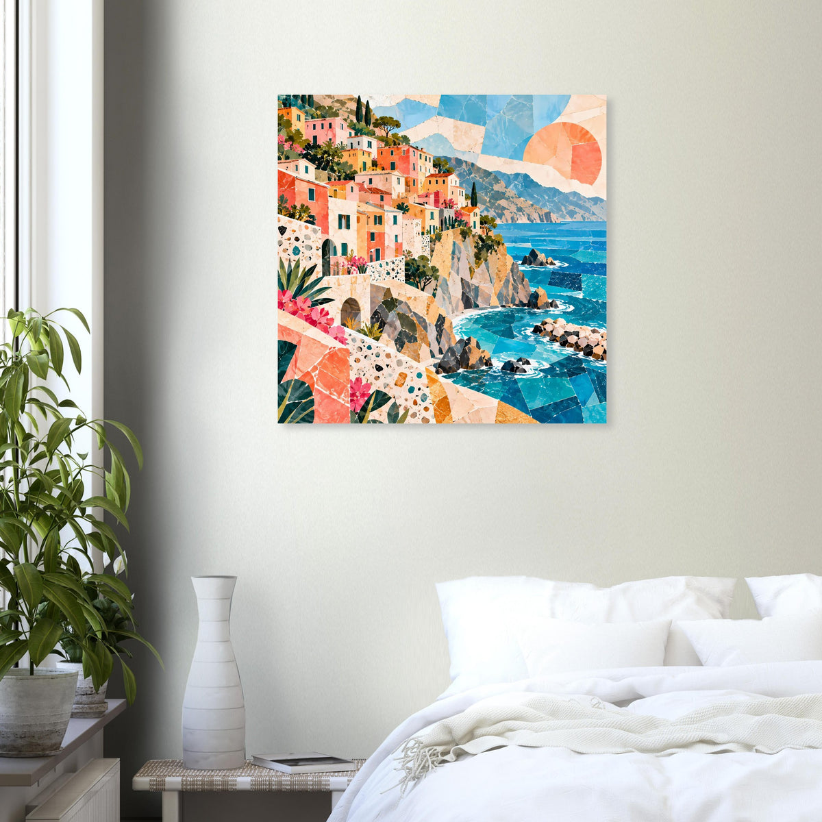 Wandposter mit Küstendorf am Meer, bunten Häusern, Felsen und Landschaft