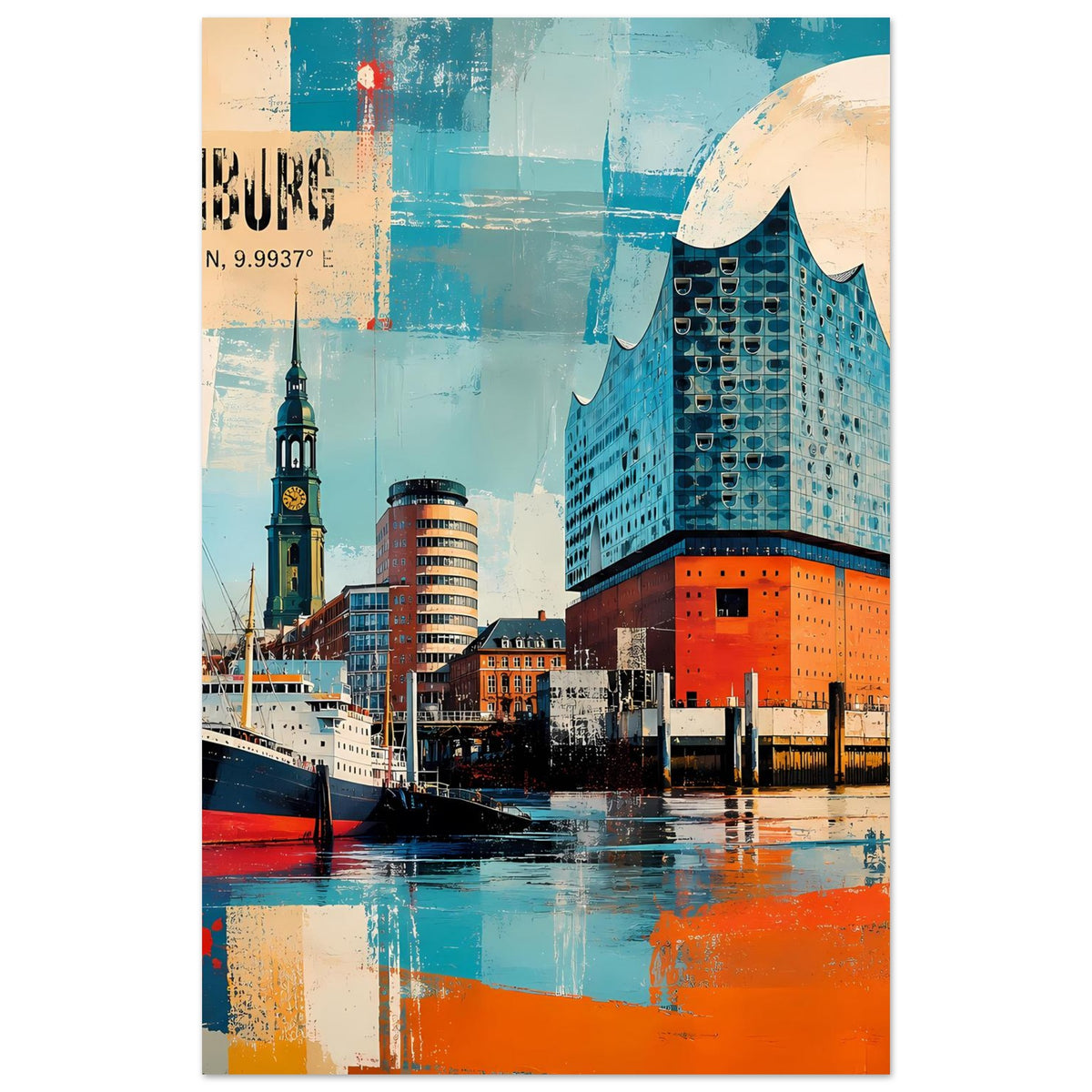 Poster mit Hamburger Hafen und Elbphilharmonie, türkis-orange, vertikal zugeschnitten