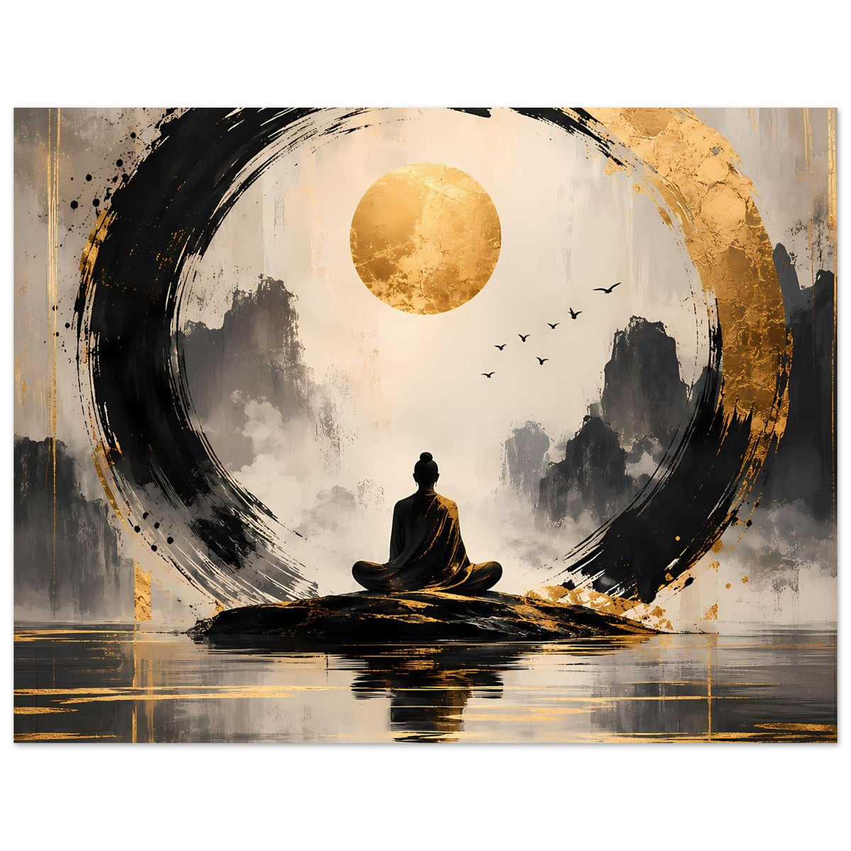 Meditationsposter mit Meditierendem im Lotussitz, goldenem Mond, Kreisring und abstrakten Wolkenformen