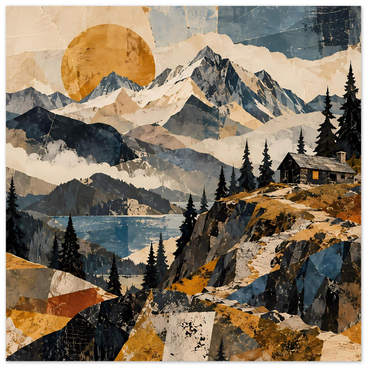 Naturposter: Berge, Tannen und See mit Hütte, warmes Sonnenuntergang- und Collage-Feeling