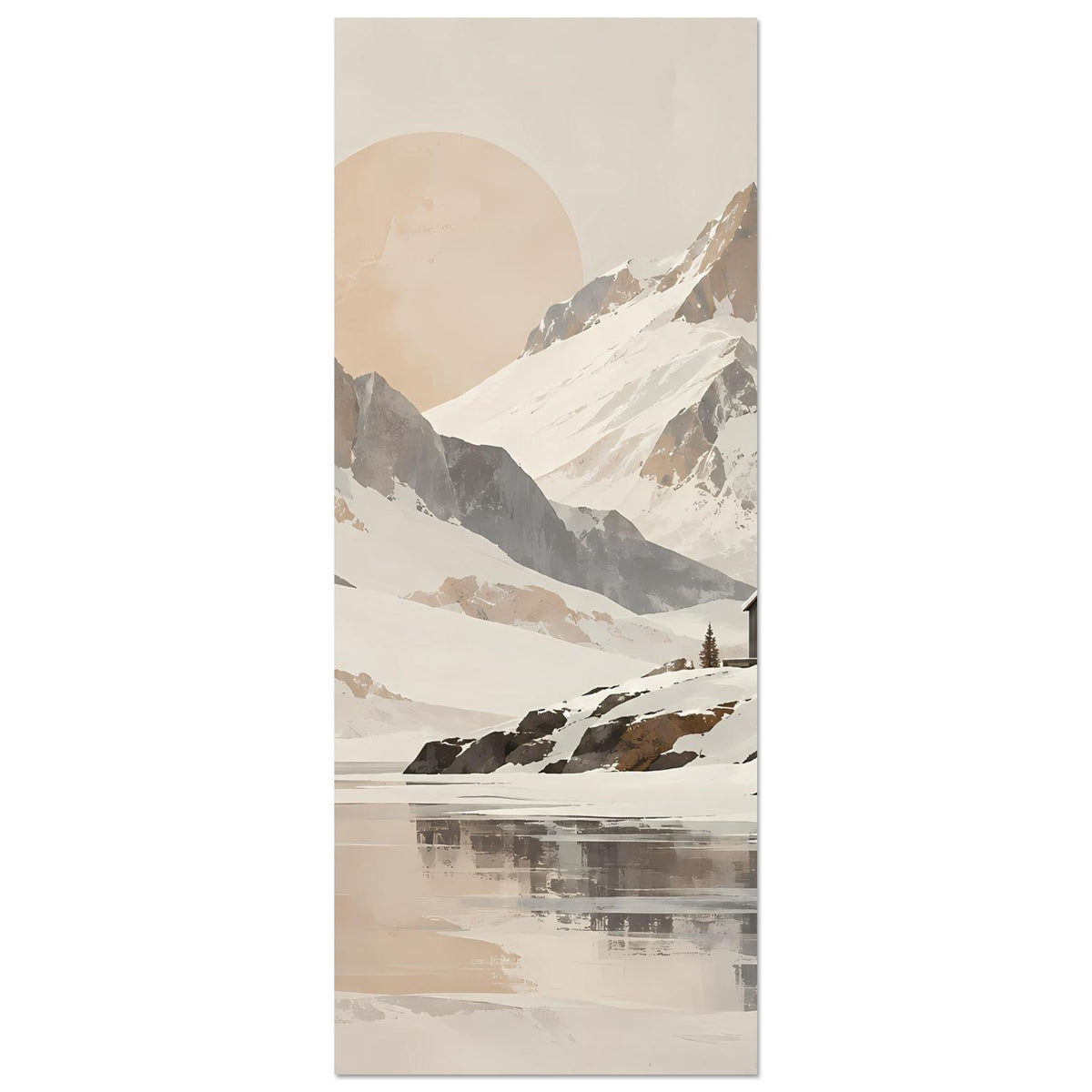 Poster im Hochformat mit Gebirge im Schnee, Sonnenkreis, Tannen und Hütte