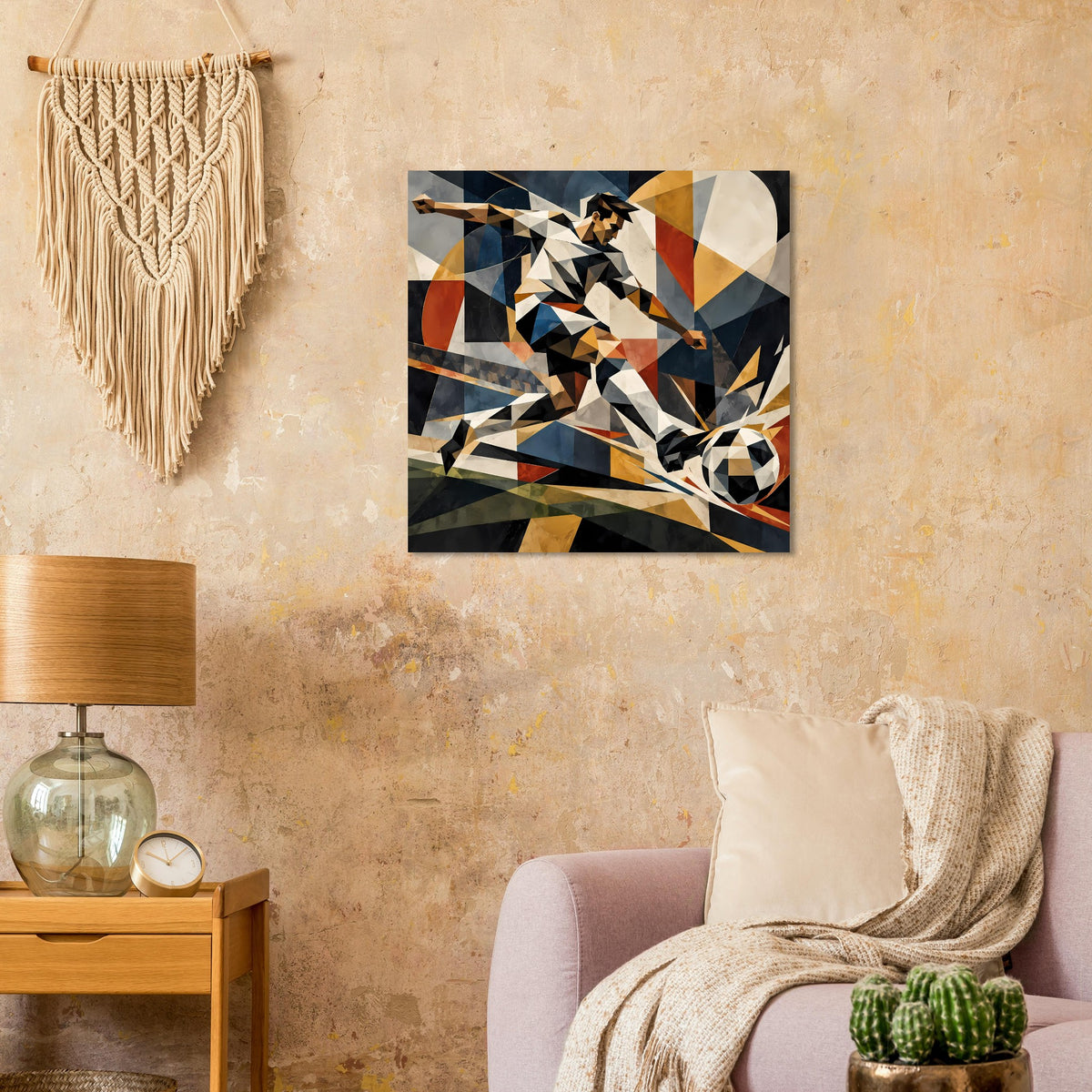 Quadratisches Poster: abstrakter Fußballspieler im geometrischen Stil, dunkelblau und orange