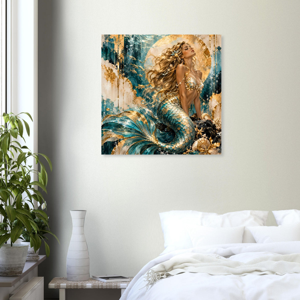 Meerjungfrau-Dekoposter mit türkis-blauer Flosse, goldenen Haaren und goldblauen Farbflecken