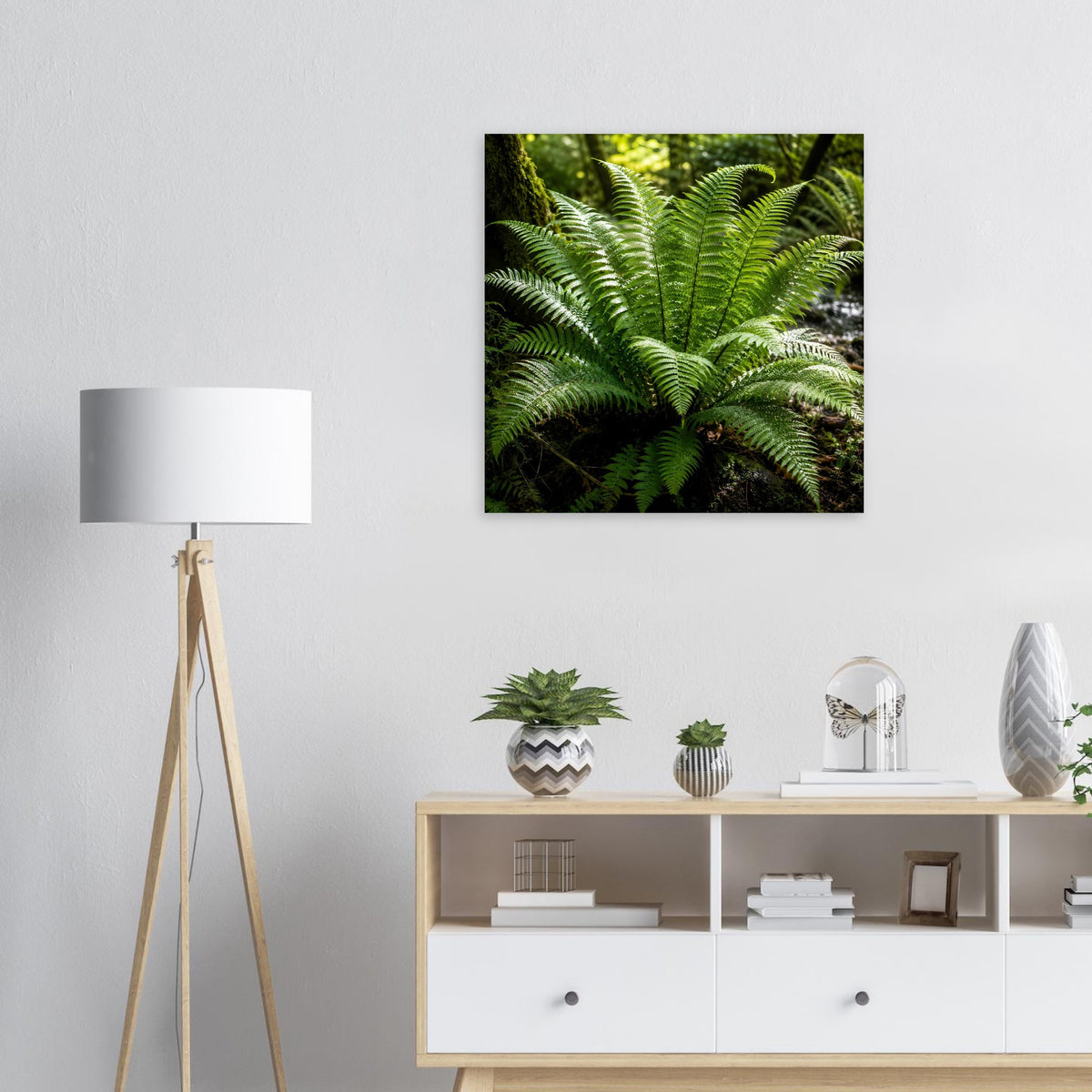 Naturposter mit grünen Farnwedeln, quadratisch, detailreiche Wedel