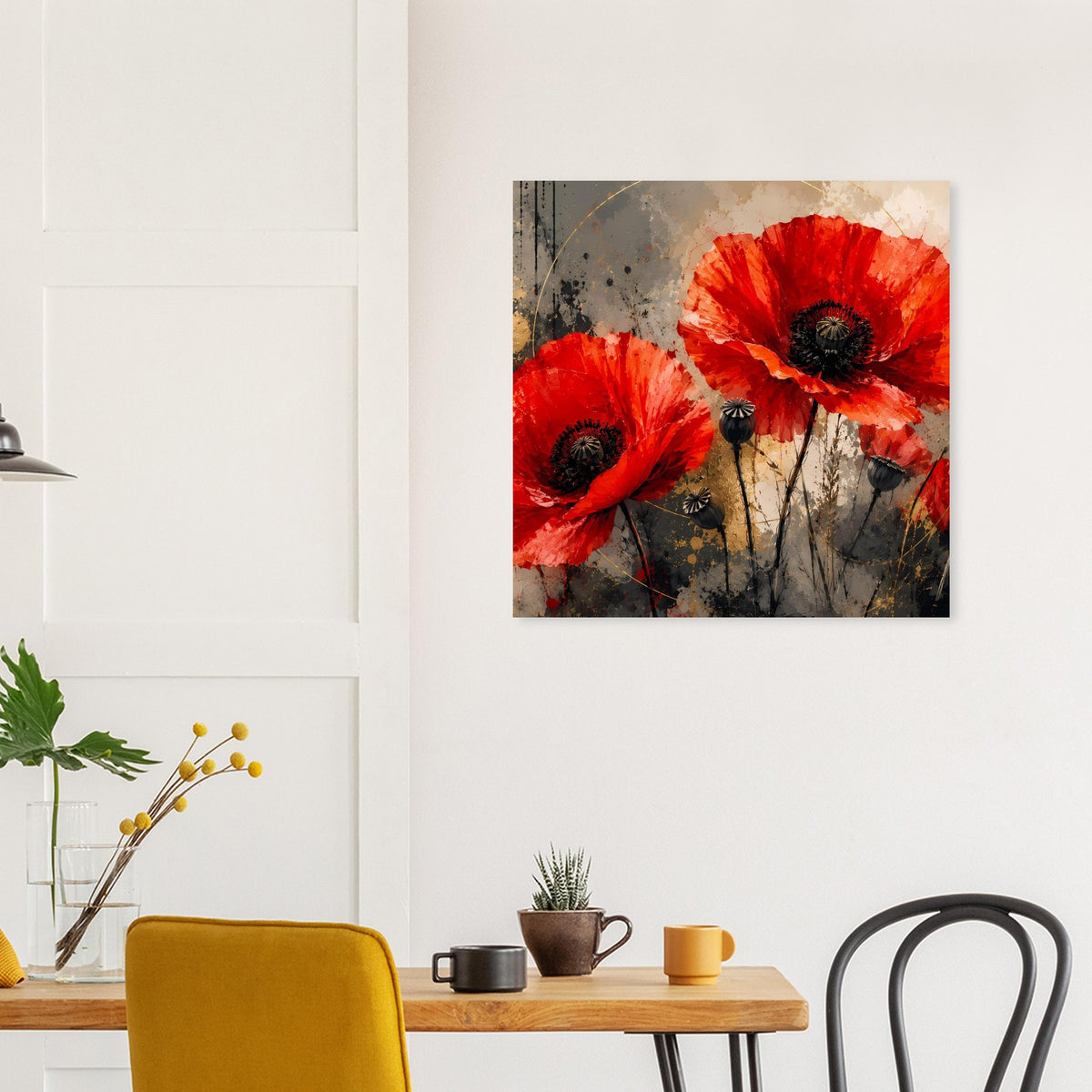 Wandposter mit roten Mohnblüten und schwarzen Samenköpfen im quadratischen Bildausschnitt