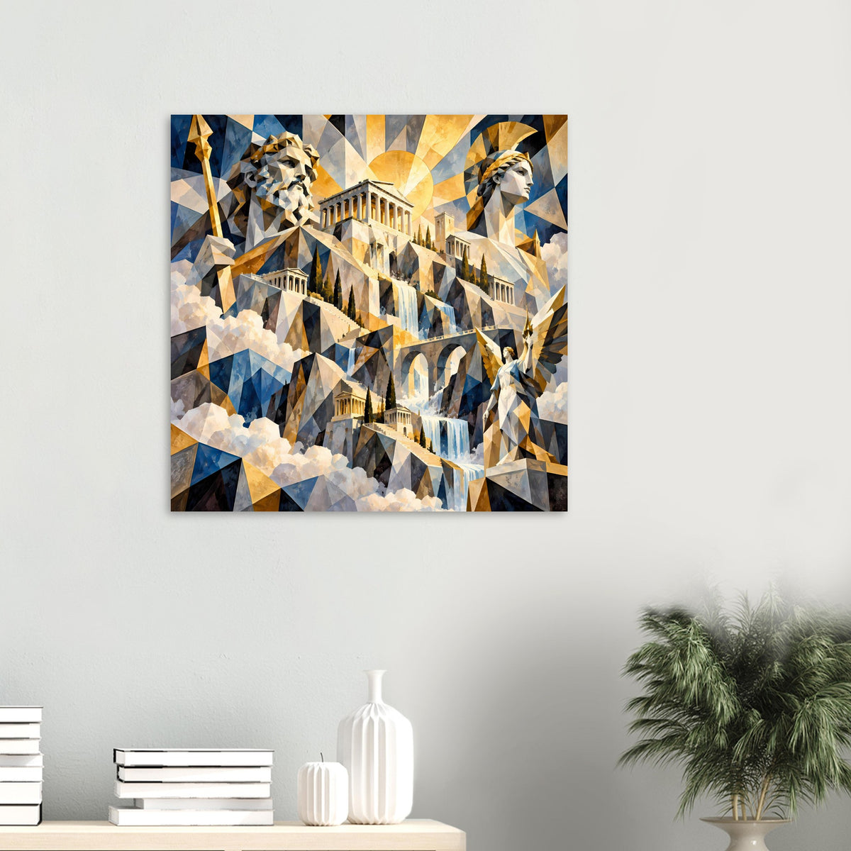 Quadratisches Poster: antike Bauwerke, Statuen und Wasserfall in Blau-Gold
