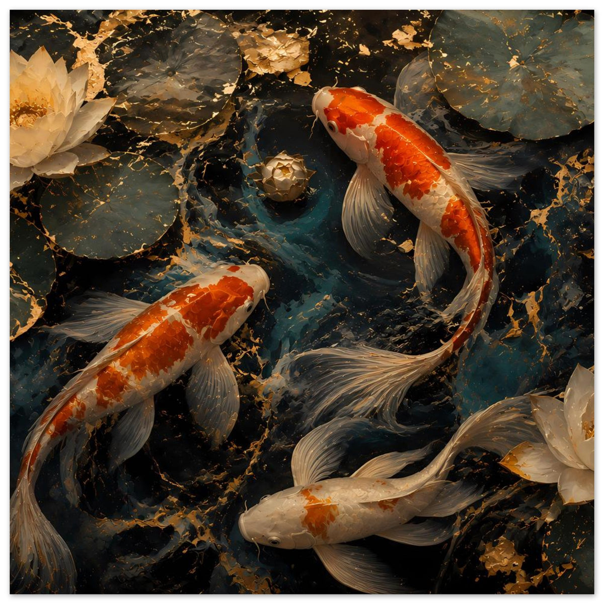 Koi-Fischkunstposter mit orange-weißen Karpfen, Steinen und goldenen Glanzstellen am Ufer