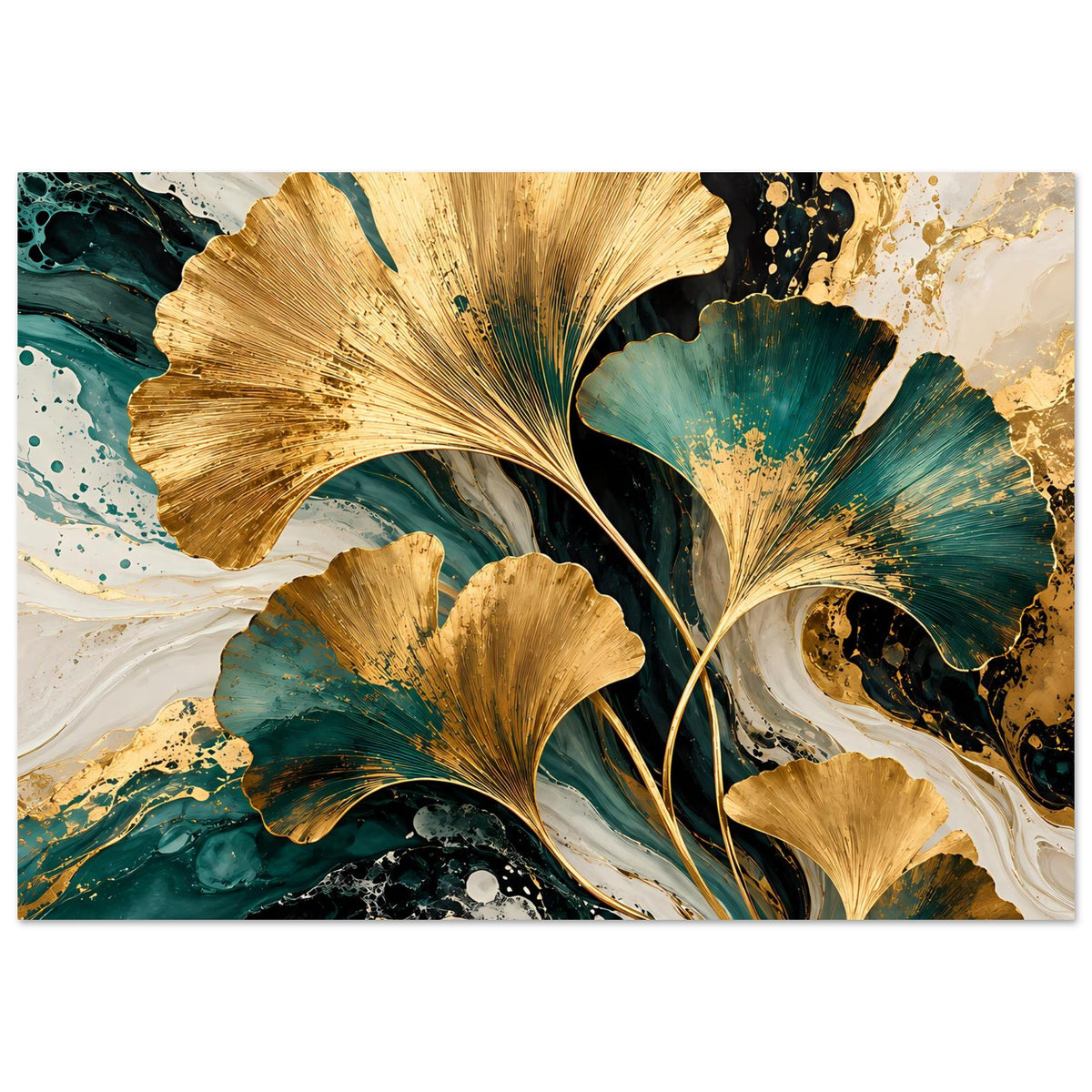 Naturposter im Querformat mit goldenen Ginkgo-Blättern, türkisgrüner Marmorfläche und Goldsprenkeln