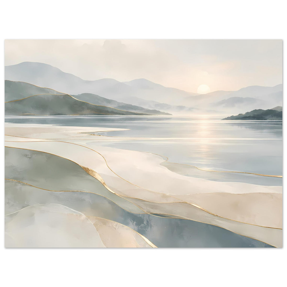 Poster mit Küstenlandschaft (Querformat), Beige/Grau und goldene Linien am Strand