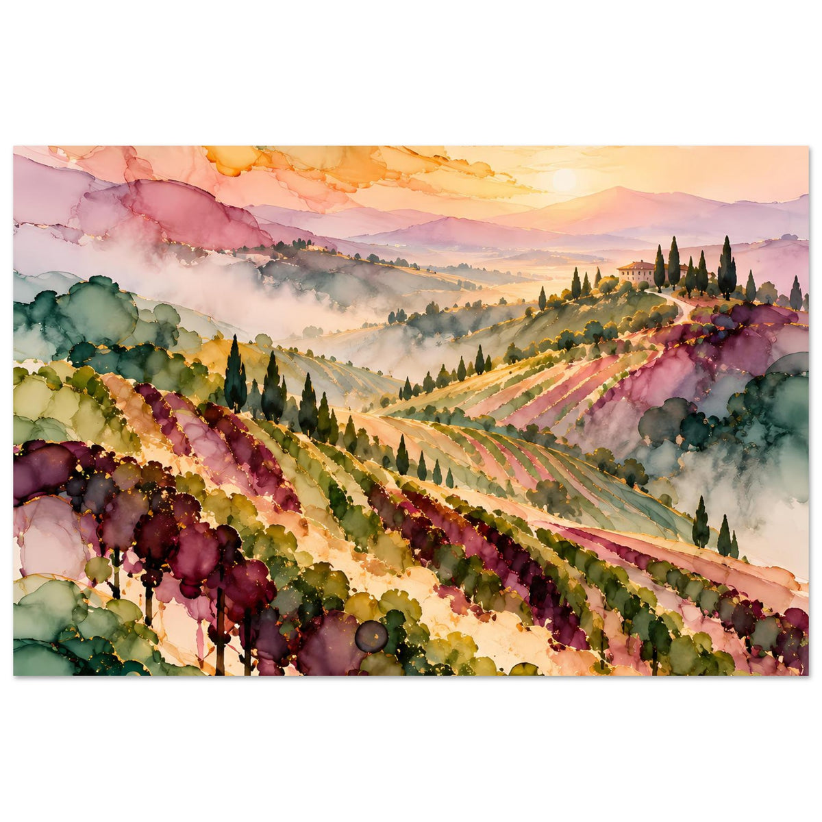Landschaftsposter mit Weinbergen im Farb-Aquarell, leuchtendem Himmel und sanften Hügeln