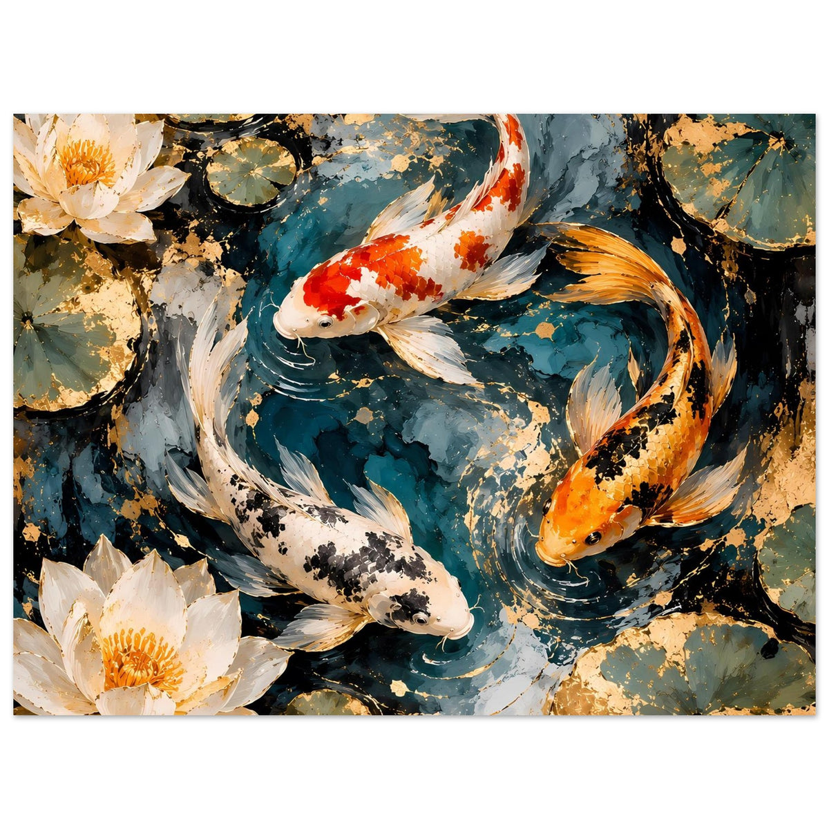 Kunstposter im Querformat: Koi-Fische und Seerose im farbigen Wasserbild