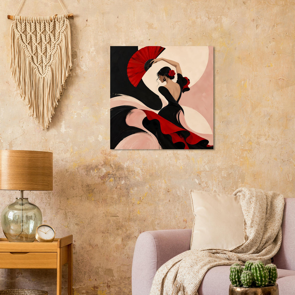 Poster mit Flamenco-Tänzerin im schwarzen Kleid und rotem Fächer.