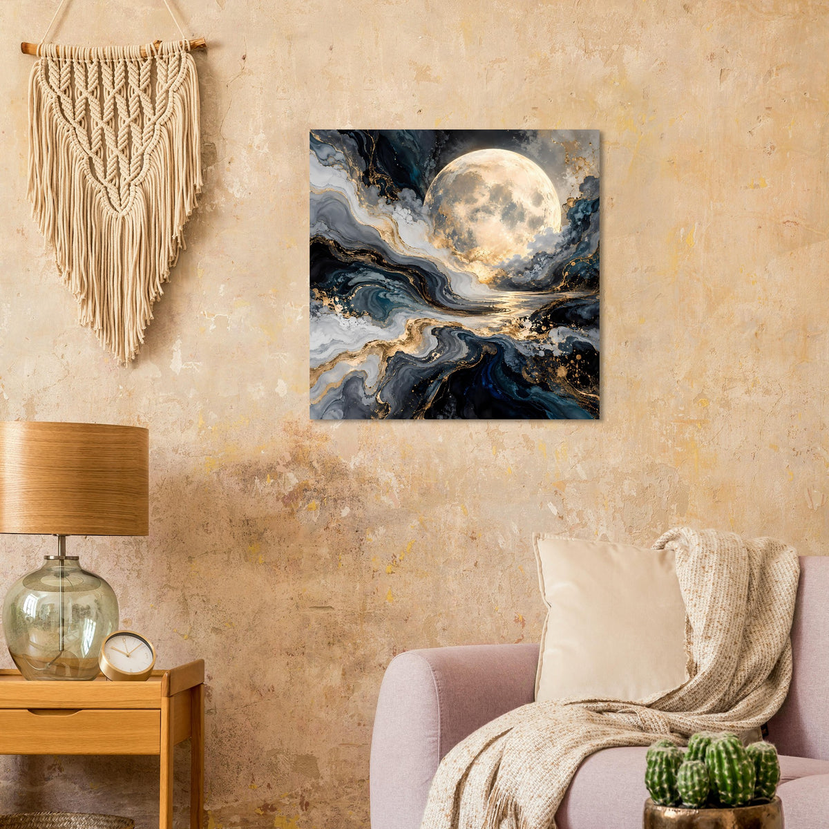Quadratisches Poster mit Vollmond und marmorierten Wellen in Blau und Beige