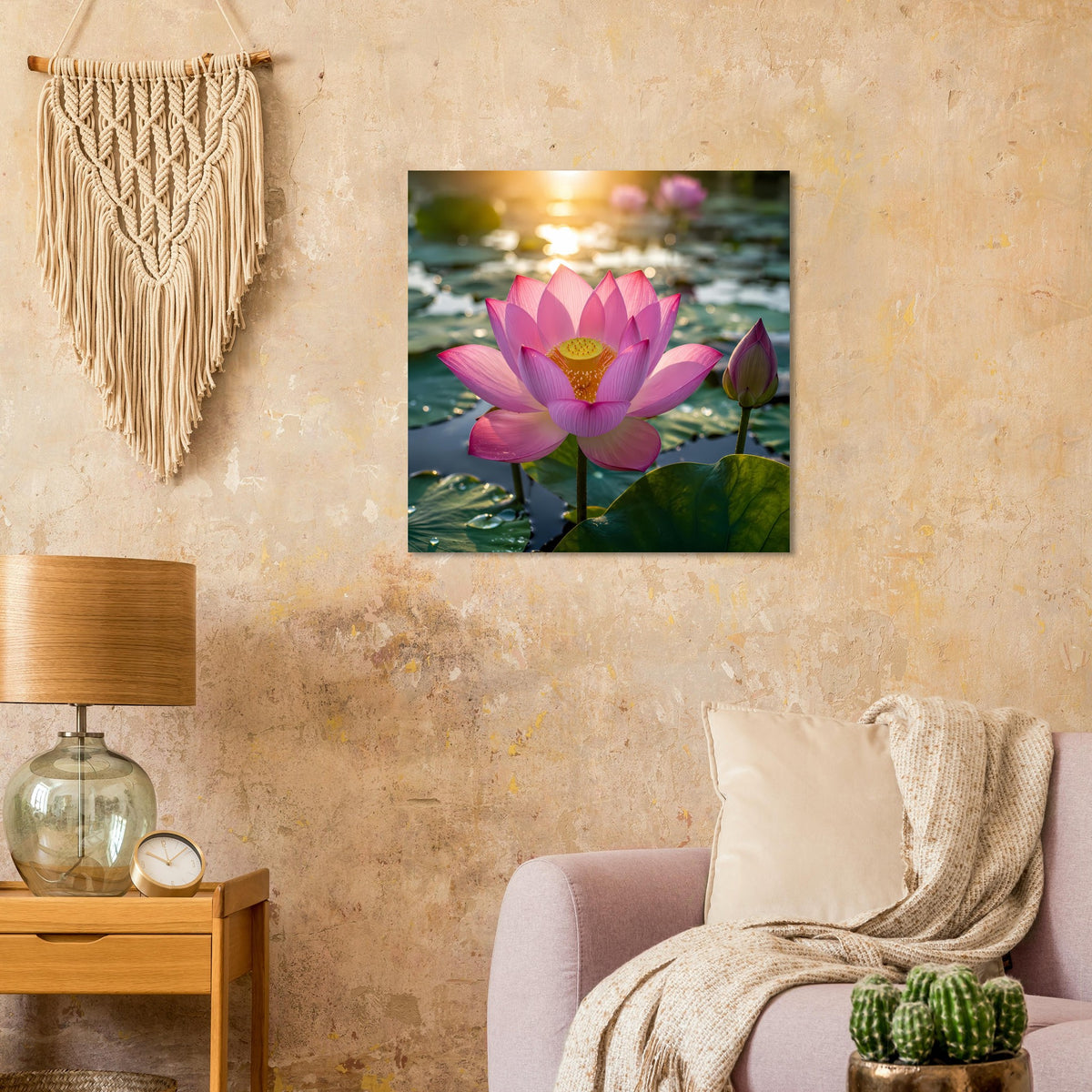 Quadratisches Poster mit großer pinker Lotusblüte auf Seerosenteich, goldener Hintergrundglanz