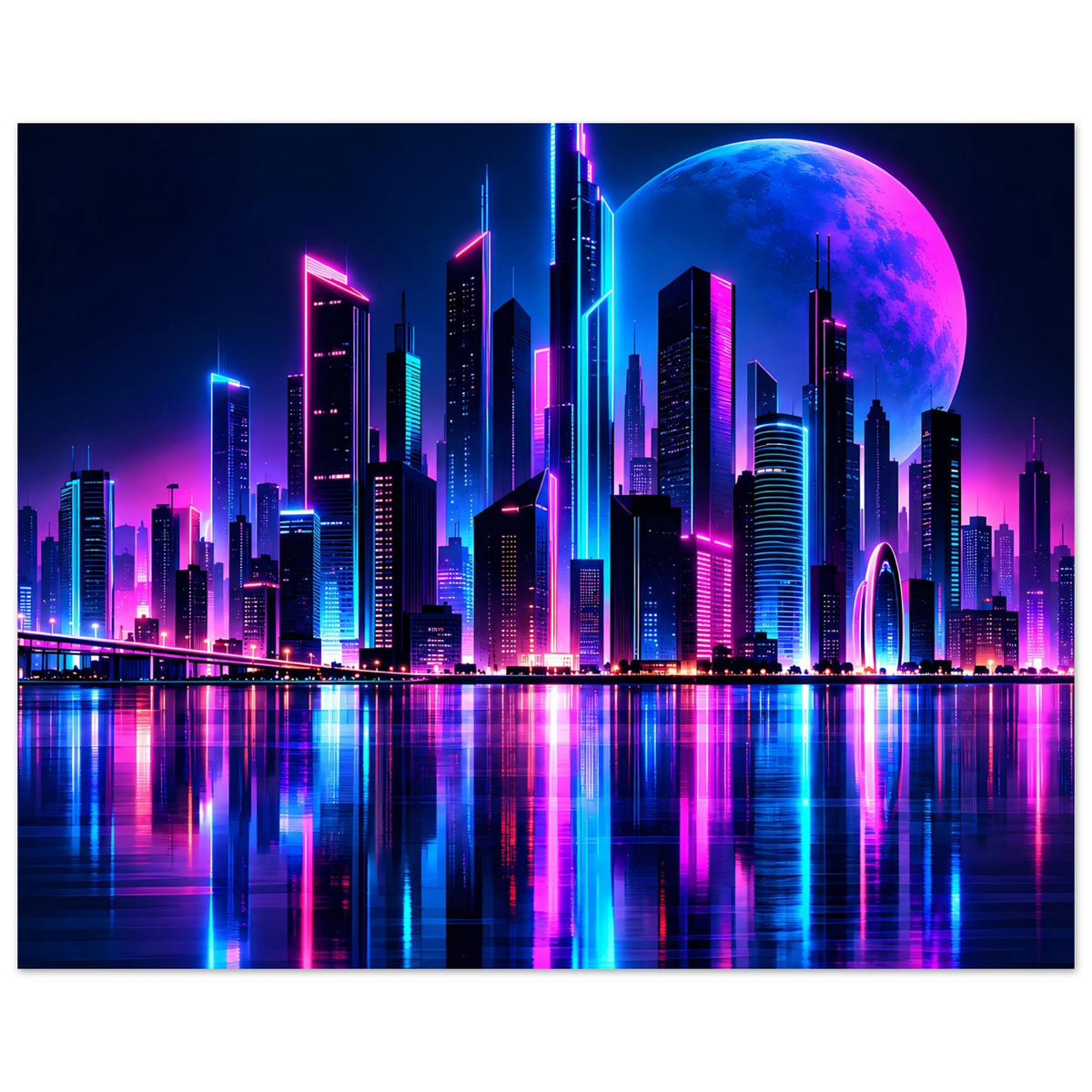 Neon-Stadtposter im Querformat mit leuchtenden Gebäuden und großem blau-violettem Mond