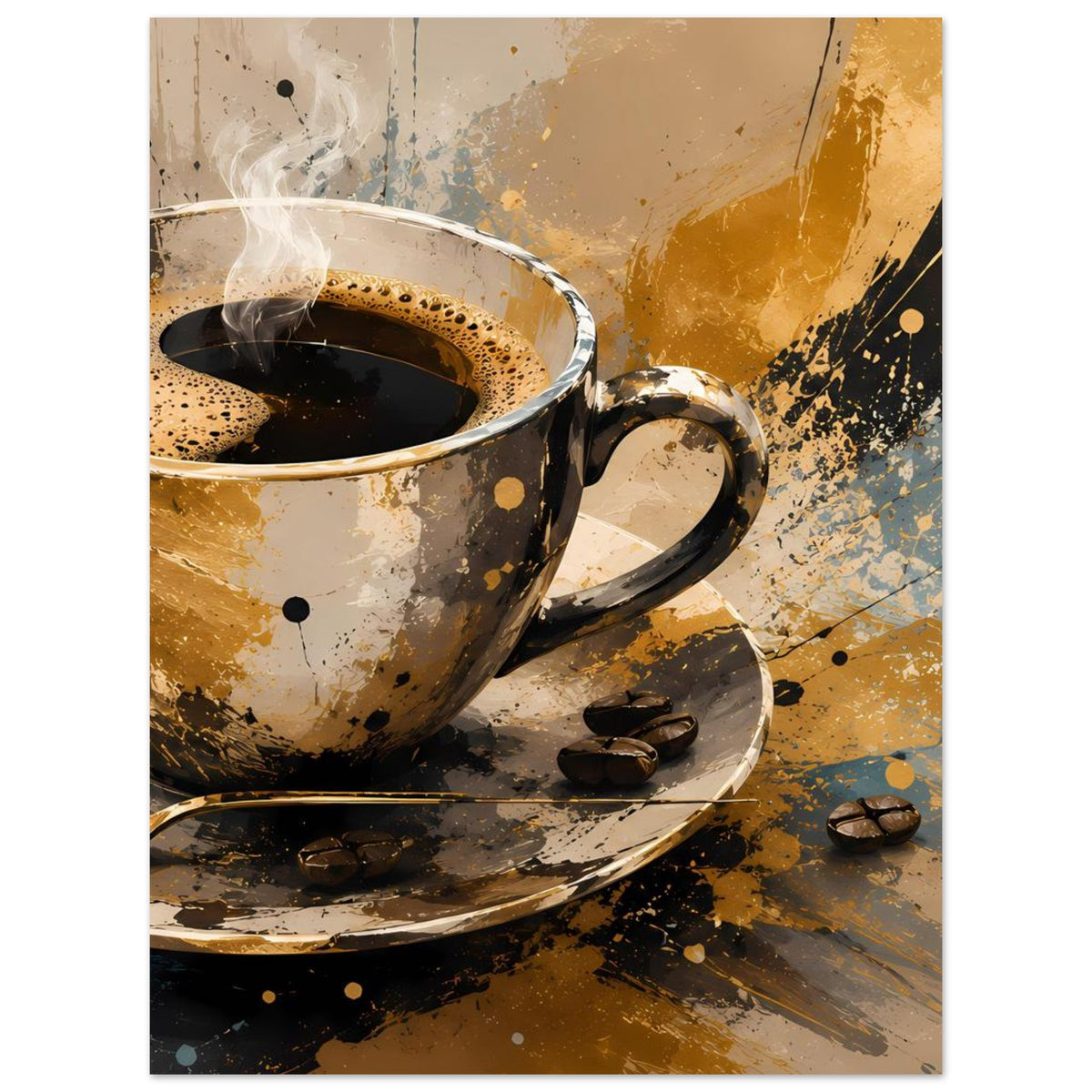 Kunstposter mit Kaffeetasse mit Dampf, Untertasse und Kaffeebohnen im abstrakten Stil