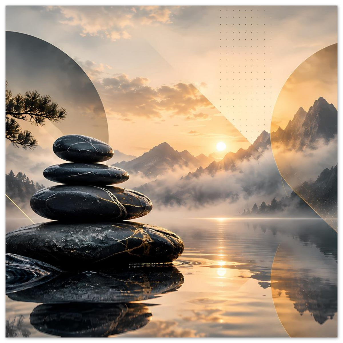 Poster im Querformat mit Zen-Steinen, Berglandschaft, Sonnenaufgang und Wasserreflexion