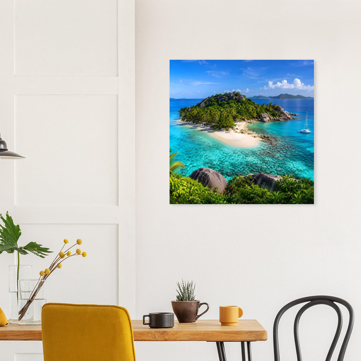 Quadratisches Tropeninsel-Poster mit Meerblick, türkisfarbenem Wasser und Sandstrand