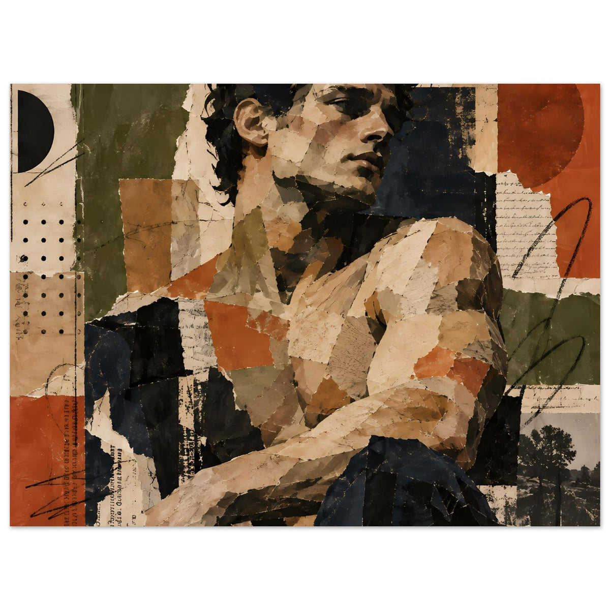 Collage-Kunstposter im Querformat mit Porträt und Pinselstrichen in warmen Erdtönen