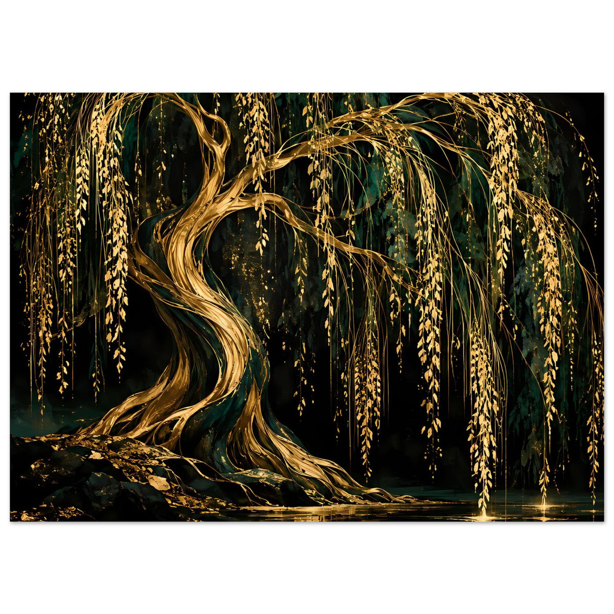 Wandposter mit goldener Trauerweide und Spiegelung im dunklen Wasser, Querformat