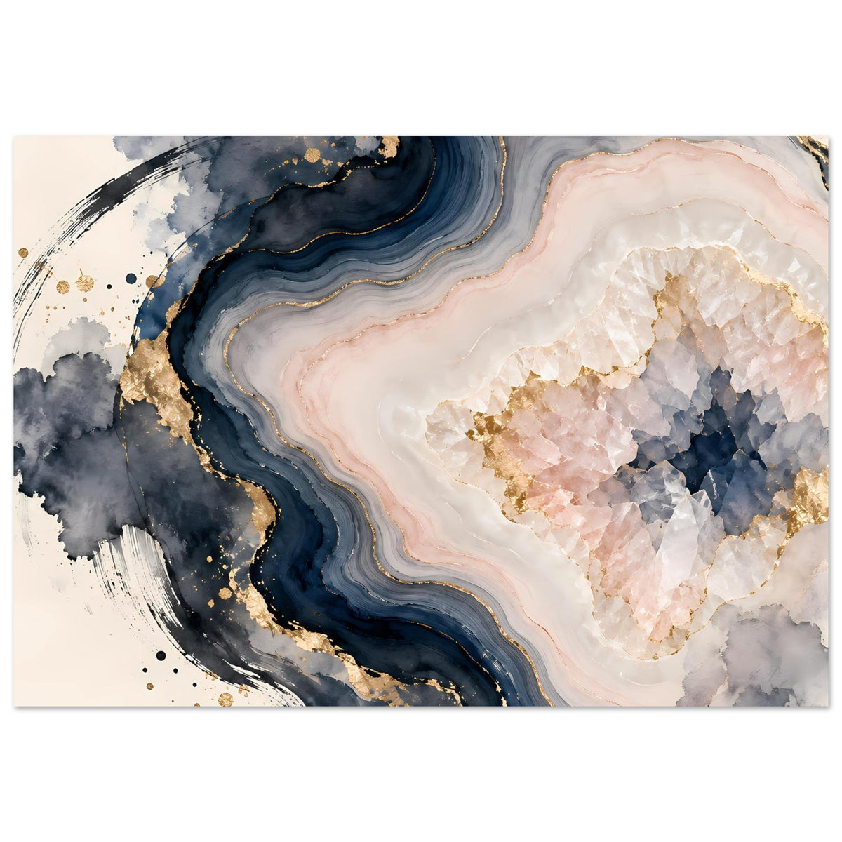 Abstraktes Geoden-Poster mit Rosé-, Blau- und Goldakzenten, querformatig