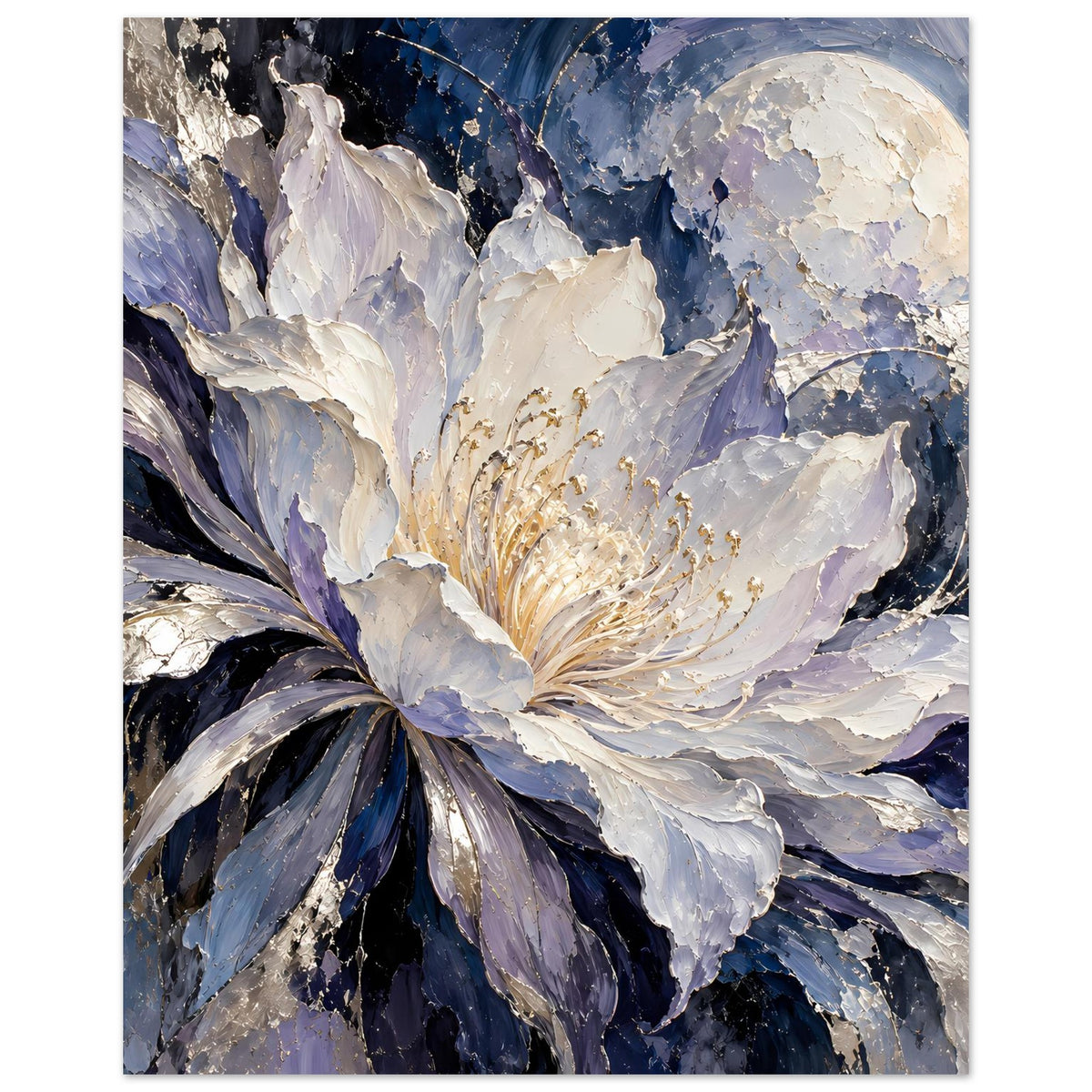 Hochformat-Poster mit abstrakter Blüte in Weiß, Violett und Dunkelblau, goldene Fäden im Zentrum