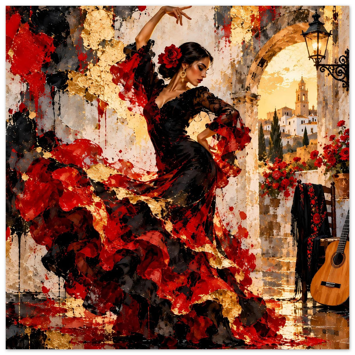 Flamenco-Tänzerin im schwarzen Kleid mit roten Akzenten, Gitarre und Laterne rechts sichtbar.