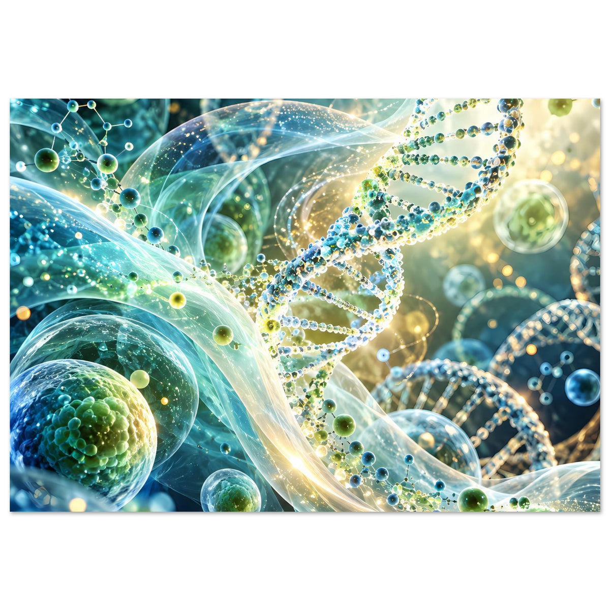 Leuchtendes DNA-Doppelhelix-Biotech-Poster, Nahaufnahme mit glühenden Strängen und Bläschen