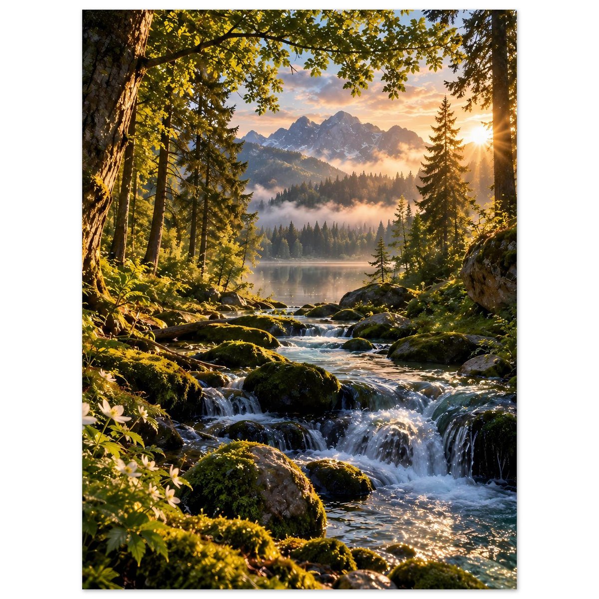 Wasserfall-Poster im Hochformat: Waldfluss mit Kaskaden, moosbewachsene Steine und Licht am Rand