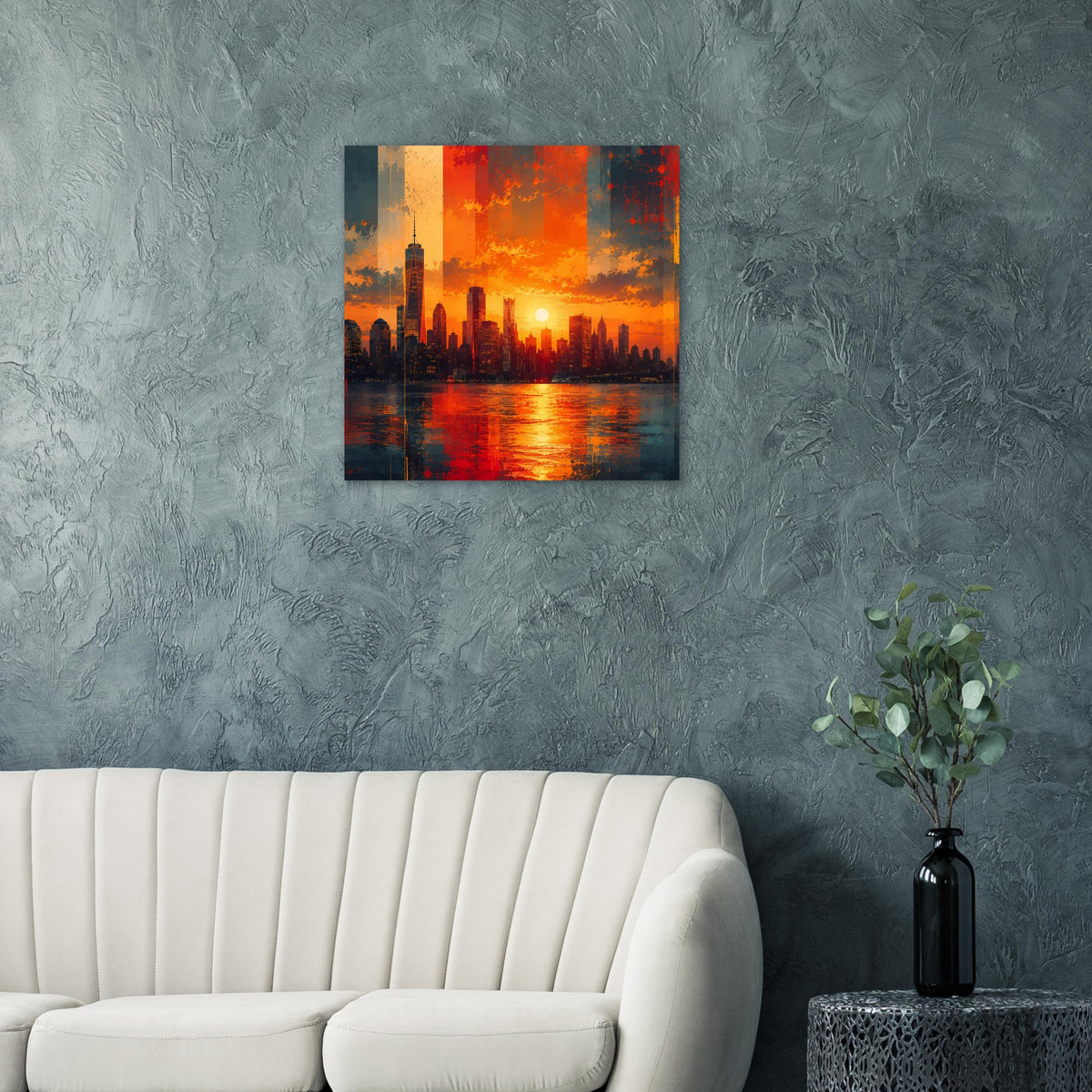 Quadratisches Poster: Sonnenuntergang über einer Stadt-Skyline mit roten Lichtreflexen im Wasser
