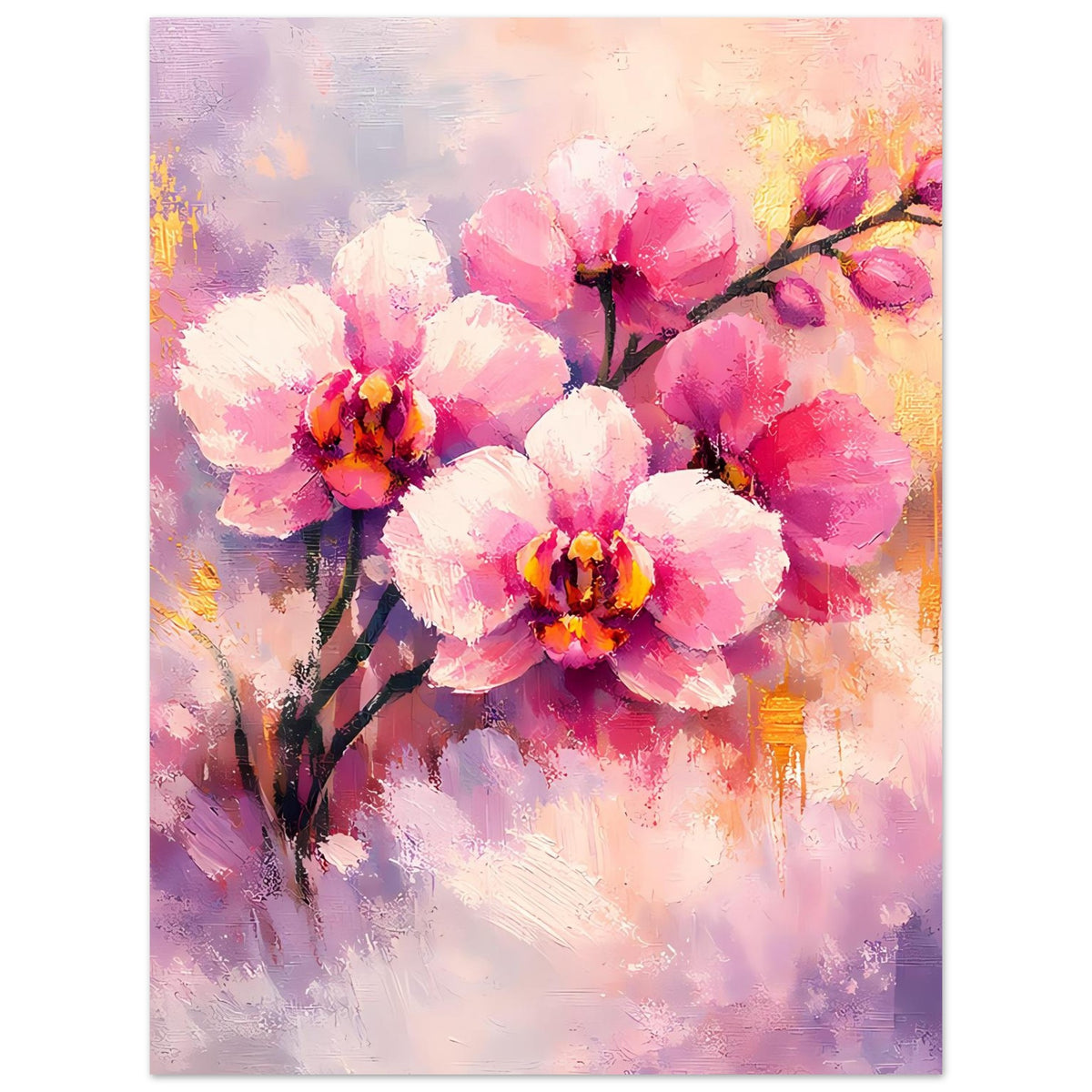 Blumenposter mit Orchideen in Rosa und Weiß, dunkle Äste, goldene Lichtakzente