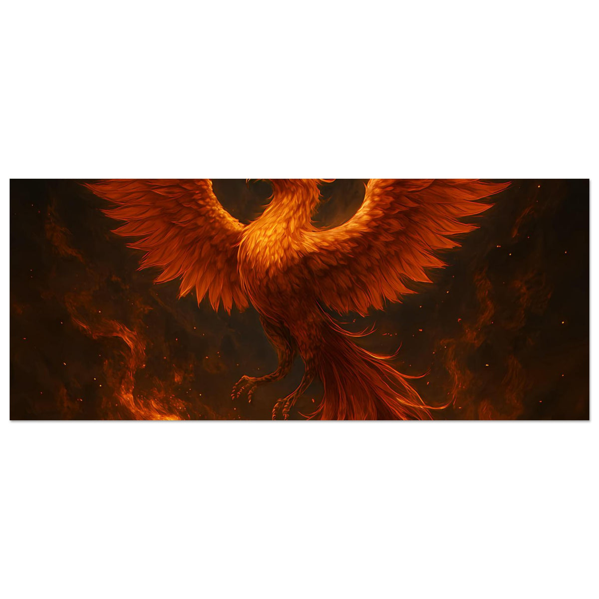 Horizontales Poster: angeschnittene Phönixflügel, darunter Feuer und glühende Flammen