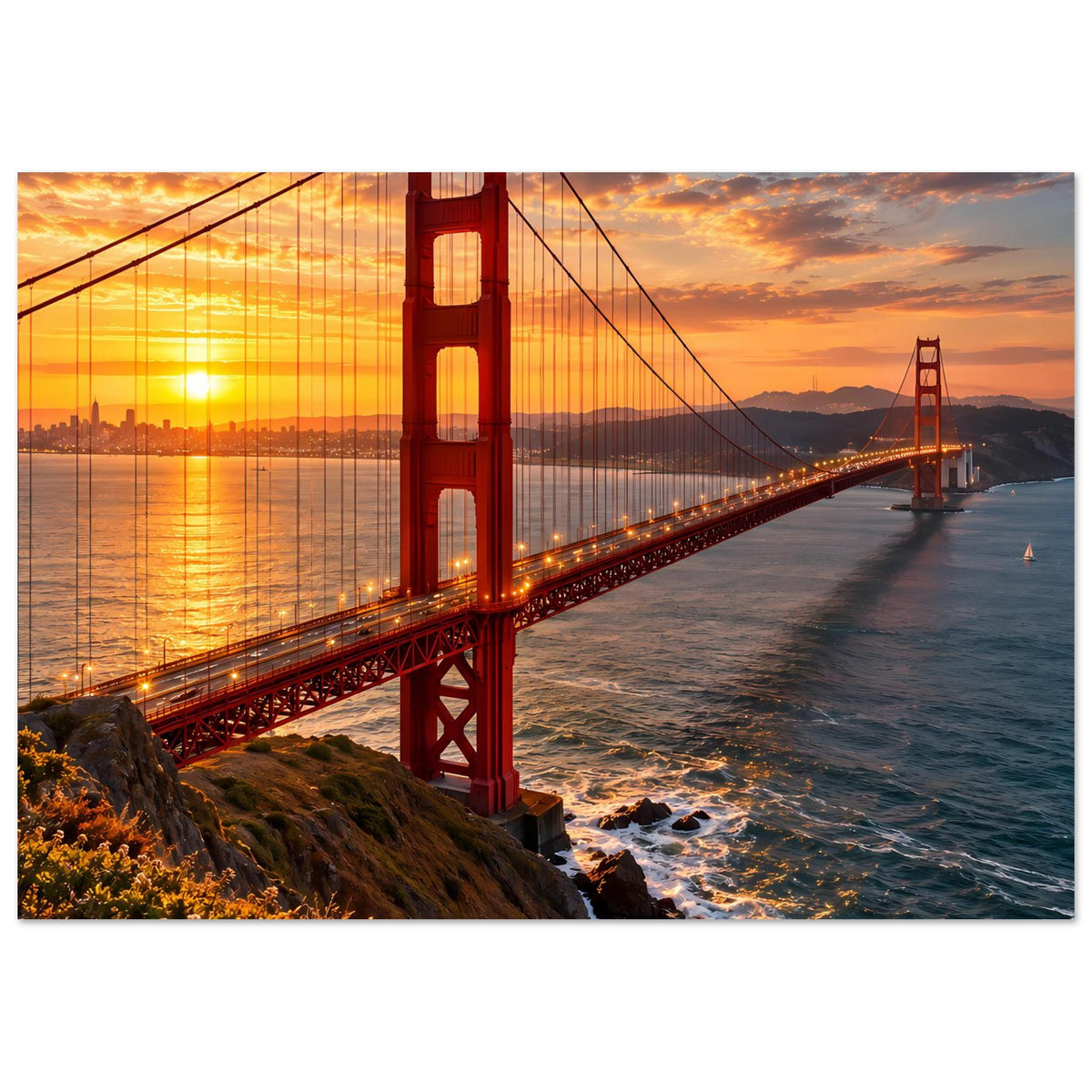 Horizontales Poster der Golden Gate Bridge bei Sonnenuntergang, roter Turm und Wasser